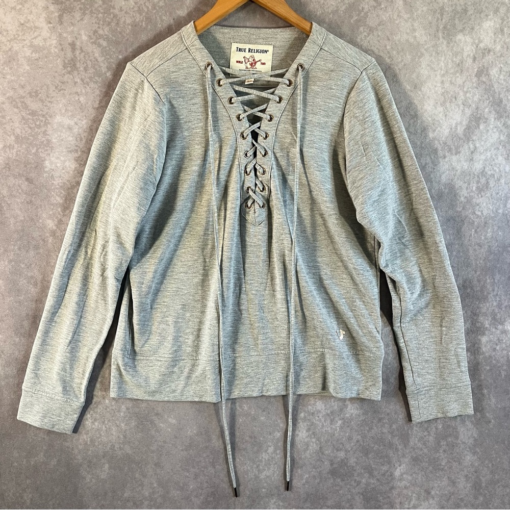 True Religion Sweatshirt Women XL Gray Activewear Long Sleeve Lace Up Neckline